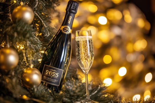 A festive setup featuring a bottle of champagne and a filled flute surrounded by shimmering Christmas ornaments and lights.