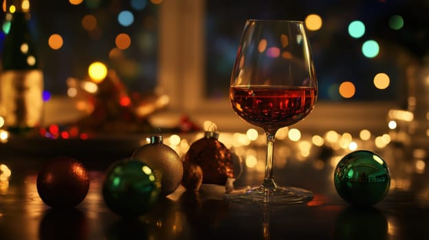 A elegant glass of red wine sits among colorful ornaments creating a warm atmosphere amid twinkling holiday lights.