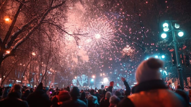 Crowds gather under a vibrant sky filled with colorful fireworks during a lively New Year celebration in a festive atmosphere.