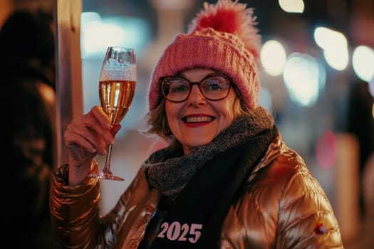 A cheerful woman raises a glass of champagne wearing a warm hat and scarf celebrating New Years Eve joyfully at a nighttime event.