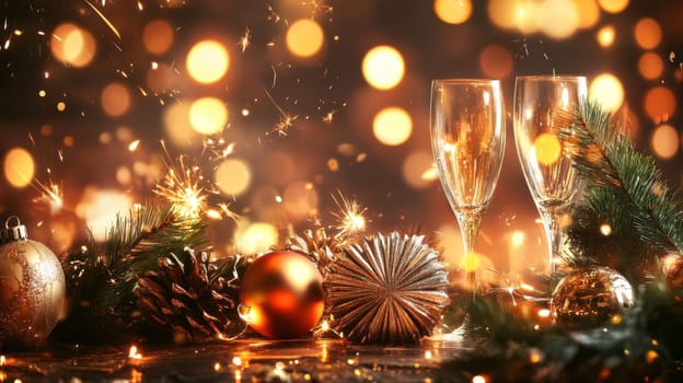Two elegant glasses stand ready for a festive toast surrounded by shimmering decorations and warm bokeh lights.