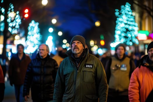 Crowds stroll through a beautifully lit street adorned with holiday decorations during a chilly evening in wintertime.