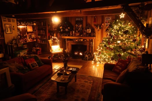 A warm living room features a beautifully decorated Christmas tree glowing fireplace and festive decorations inviting holiday cheer and comfort.