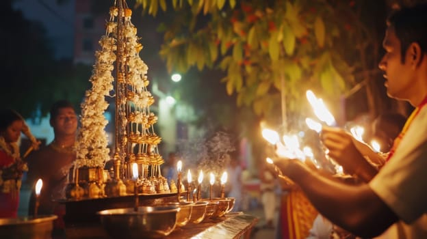 Devotees gather around an ornate display of lamps and flowers engaging in a vibrant nighttime celebration of culture and spirituality.