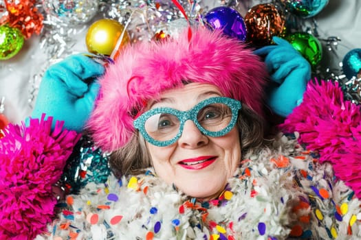 An elderly woman with vibrant attire enjoys a festive moment surrounded by bright decorations and ornaments exuding happiness and joy.