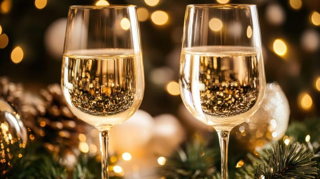 Two glasses of sparkling wine rest on a festive table surrounded by holiday decorations and twinkling lights.