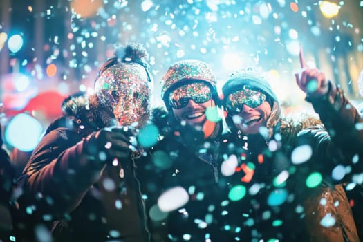 Friends enjoying a lively New Year celebration with colorful lights and falling confetti in a joyful winter setting.
