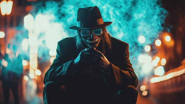 A masked figure dressed in a dark suit and hat sits on a street at night while smoke swirls around creating an eerie atmosphere.