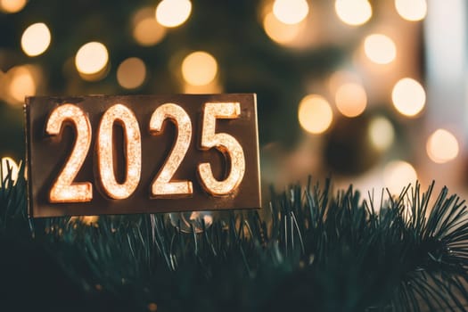 A decorated display features illuminated numbers for 2025 surrounded by green pine branches and warm glowing lights in the background.