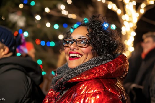 A woman wearing a shiny coat and glasses beams with happiness while surrounded by festive lights during a winter celebration.