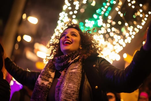 A woman enjoys herself at a vibrant night market adorned with colorful lights celebrating the lively atmosphere with happiness.