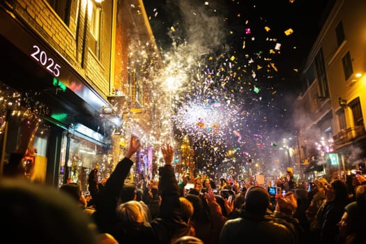 A large crowd joyously celebrates as confetti falls from above illuminating the night with colors and excitement in a bustling street.