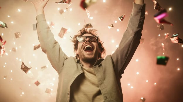 A person is joyfully celebrating amidst a flurry of colorful confetti while fireworks light up the background creating a festive atmosphere.