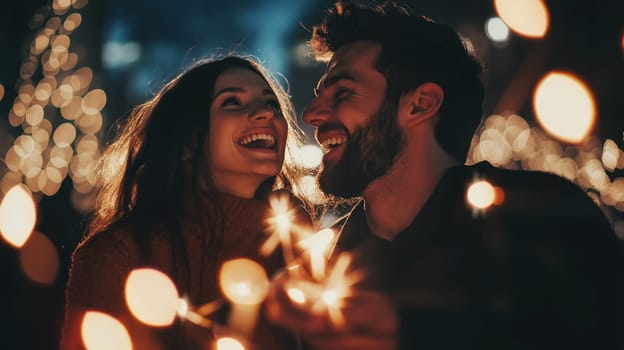 A young couple shares laughter and joy as they celebrate together in a sparkling light display during the evening.
