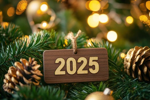 A wooden tag displaying the year 2025 hangs on a Christmas tree surrounded by bright lights and festive decorations evoking holiday cheer.