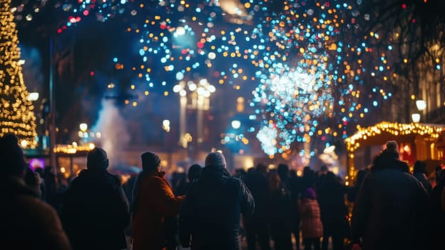 People gather at a vibrant winter market surrounded by colorful lights trees and holiday decorations as they celebrate the season.
