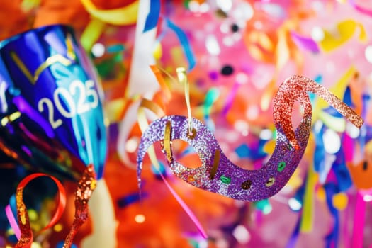 A vibrant display of festive decorations including confetti ribbons and a cup celebrating the arrival of the new year.
