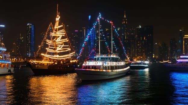 A colorful display of illuminated boats and skyscrapers reflects on the water at night creating a captivating harbor atmosphere.