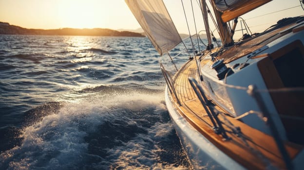 A sailboat glides smoothly across tranquil waters as the sun sets casting a golden glow over the scene and hills in the distance.