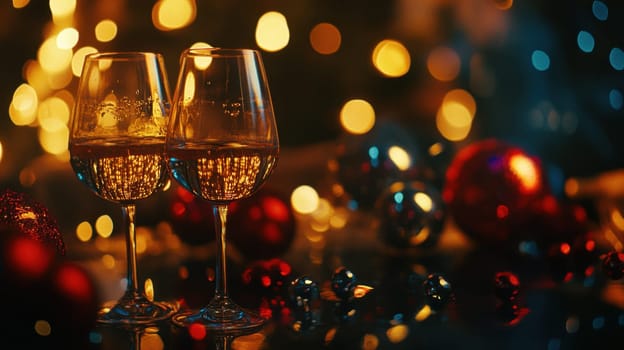 Two glasses of sparkling wine are filled and clinked together near colorful ornaments and bright lights creating a cheerful holiday atmosphere.
