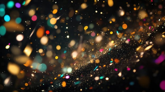 Brightly colored confetti dances across a dark background adding a lively and celebratory feel to the festive environment.