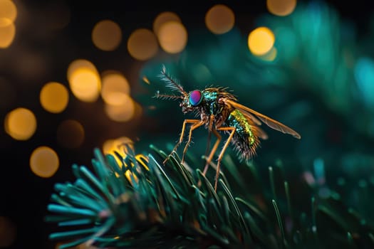 A colorful insect is resting on a pine branch with sparkling lights in the background showcasing intricate details of its body.