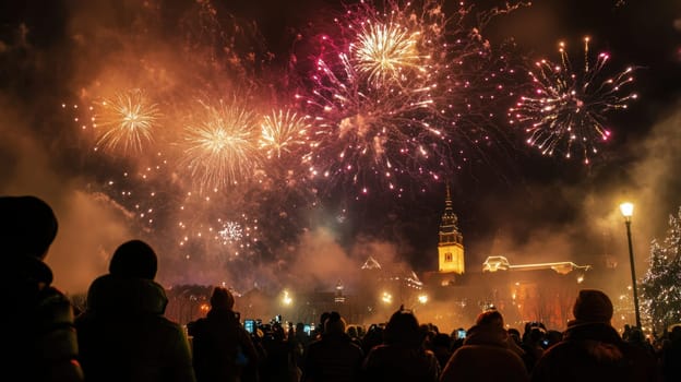 Fireworks burst in vibrant colors over a city as a crowd gathers to celebrate the New Year with excitement and joy.