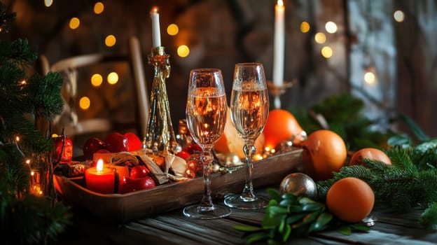 A beautifully arranged holiday table features sparkling drinks fresh fruits candles and festive decorations creating a warm atmosphere.