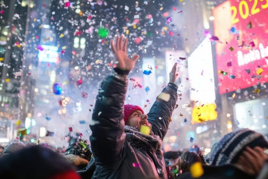 People gather in Times Square cheering and celebrating as colorful confetti falls during the New Years countdown.