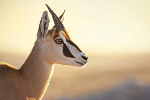 A gazelle stands proudly in the soft golden light during the afternoon showcasing its elegant features against a blurred background.