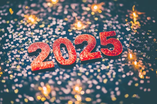 The year 2025 is highlighted with sparkling letters among festive confetti and warm glowing lights creating a joyful atmosphere.