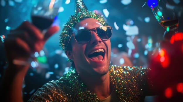 A joyful individual enjoys drinks while celebrating surrounded by confetti and festive lights at a lively party setting.