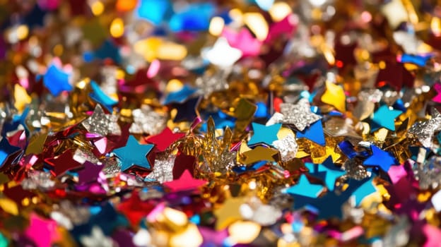 Brightly colored star shaped confetti lies scattered across a surface creating a festive and cheerful atmosphere.