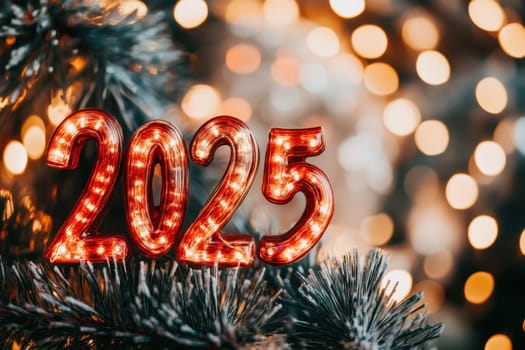 Brightly lit numbers represent the year 2025 amidst a backdrop of shimmering holiday lights on a pine tree branch.