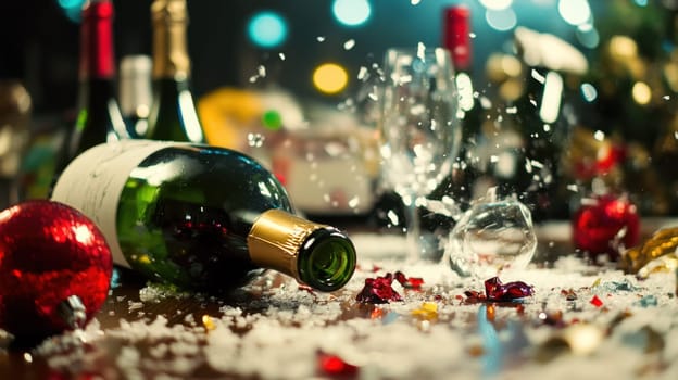 A bottle of wine lies on its side amid colorful decorations reflecting a lively celebration with scattered glasses and confetti.
