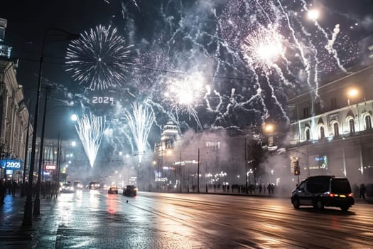 Fireworks light up the night sky above a bustling city street as crowds gather to celebrate the arrival of the new year.