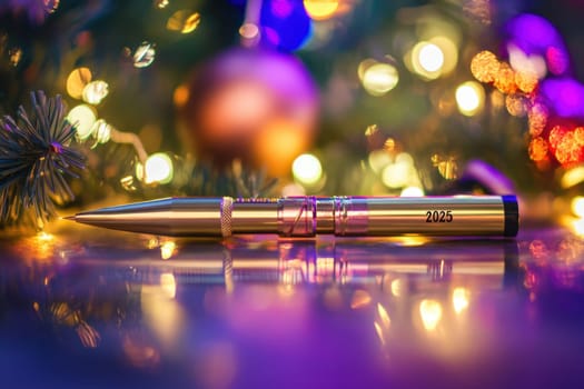 A luxurious gold pen rests on a reflective surface amidst colorful holiday lights and decorations symbolizing upcoming New Year aspirations.
