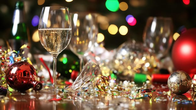 A table adorned with sparkling decorations empty glasses and colors creating a joyful atmosphere for late night festivities.
