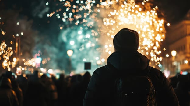 A crowd gathers at night to celebrate with a person admiring vibrant fireworks lighting up the sky in a festive atmosphere.