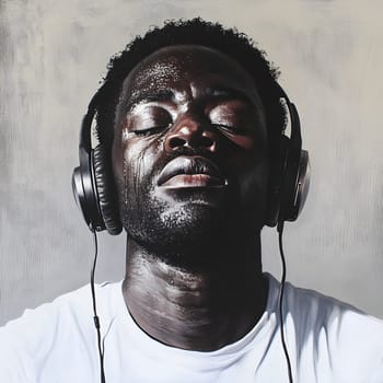 African American Man with earphones listening to Music Art
