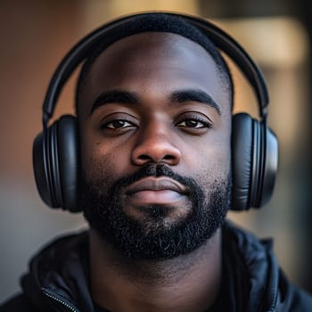 African American Man with earphones listening to Music Art