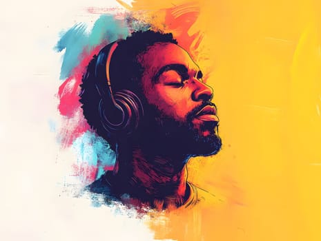African American Man with earphones listening to Music Art