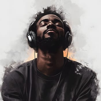 African American Man with earphones listening to Music Art