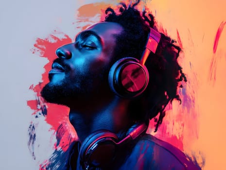 African American Man with earphones listening to Music Art