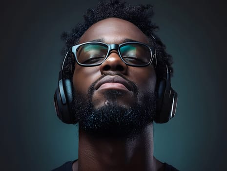 African American Man with earphones listening to Music Art