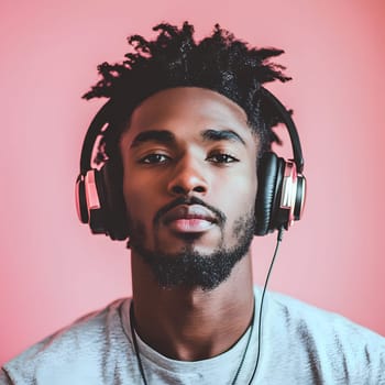 African American Man with earphones listening to Music Art