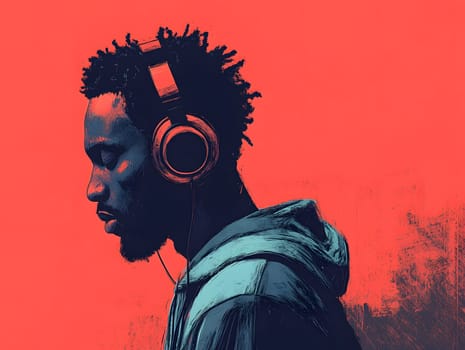African American Man with earphones listening to Music Art