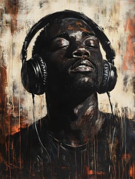 African American Man with earphones listening to Music Art