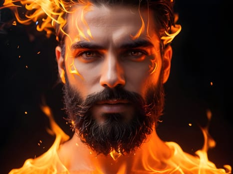 Handsome bearded man on fire