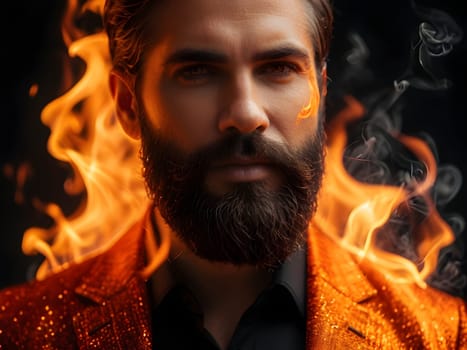 Handsome bearded man on fire